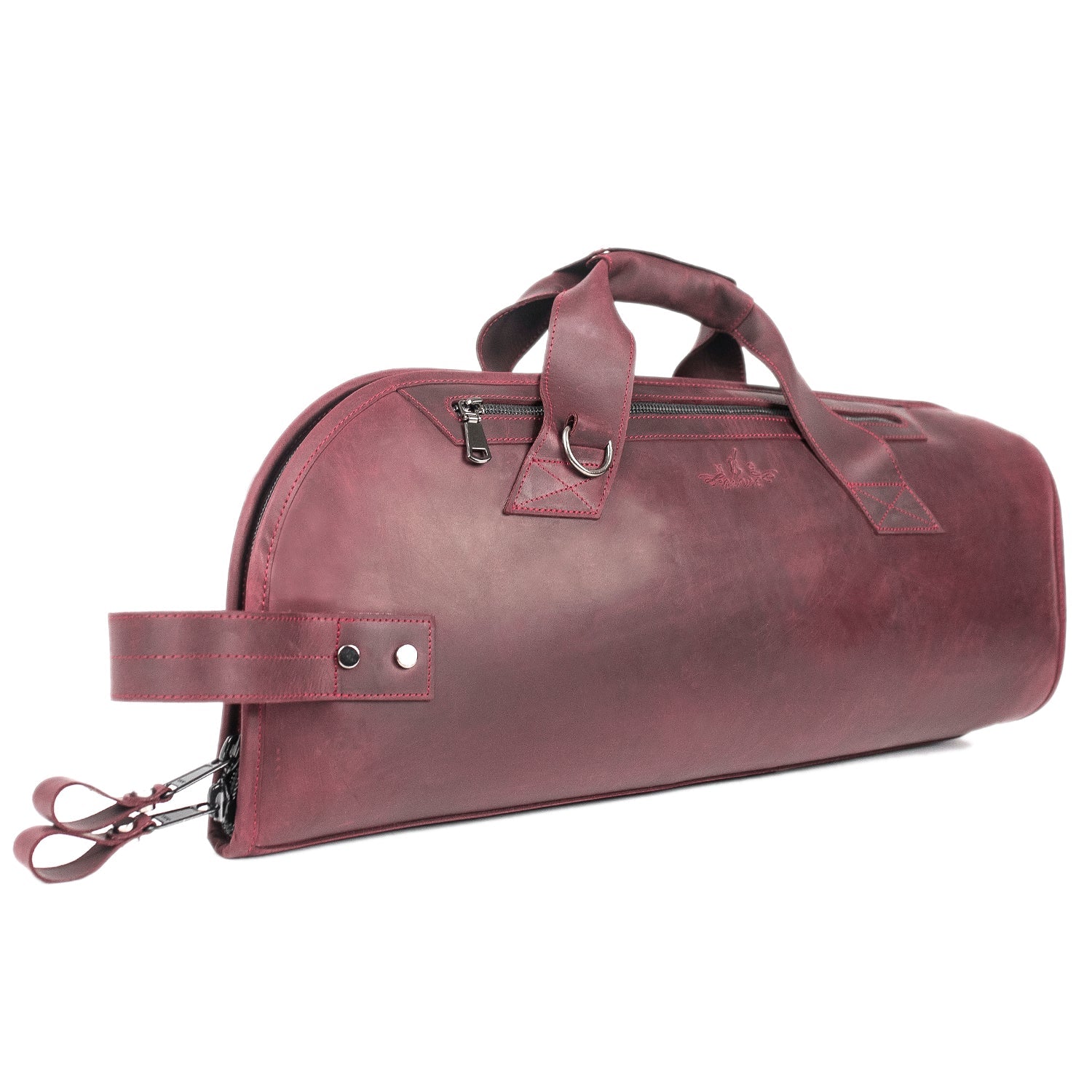 Angled side view of Trumpet Bag Crazy Horse Marsala leather with zipper pocket