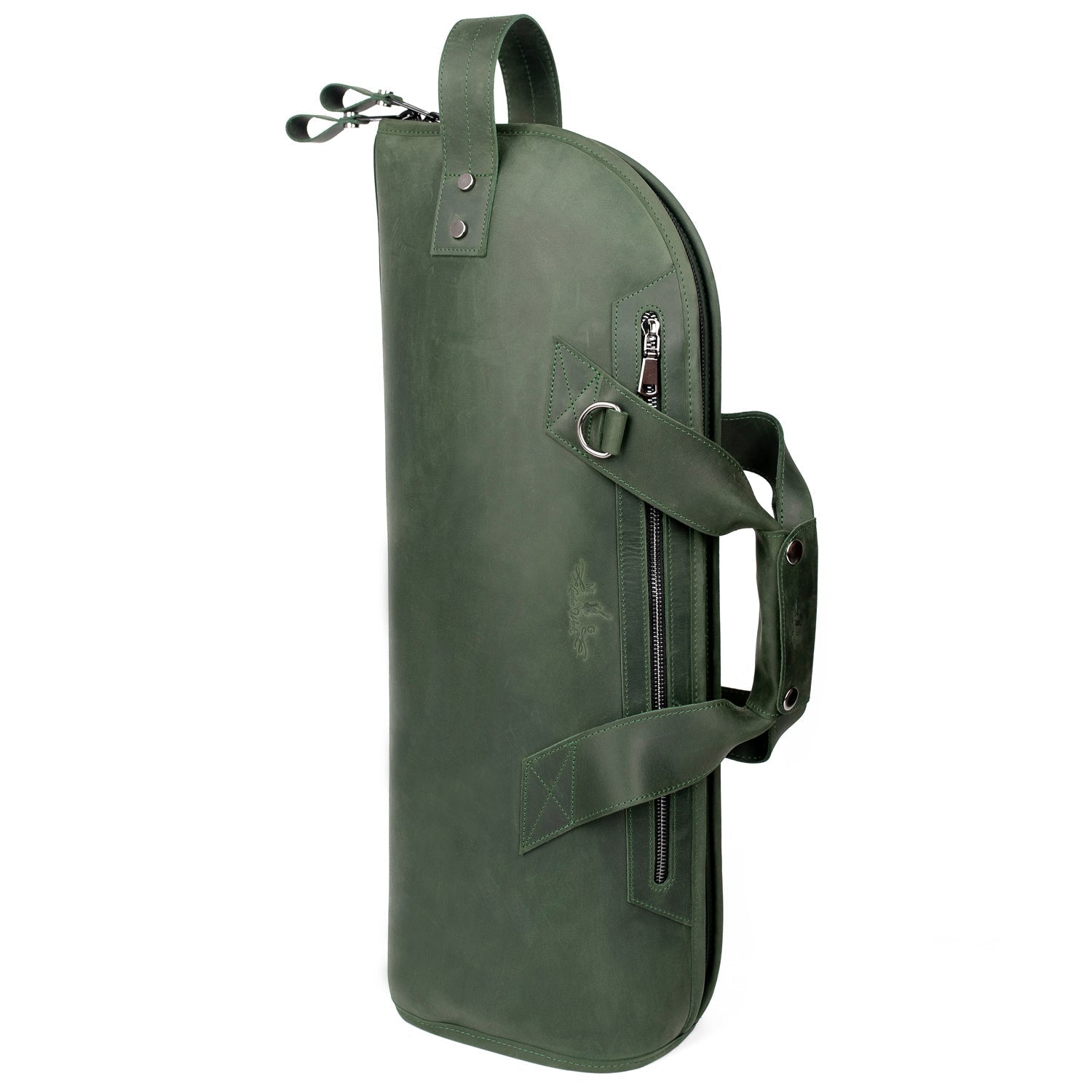 Trumpet Single Case Green Crazy Horse Leather – vertical standing side view with handles and zipper pocket