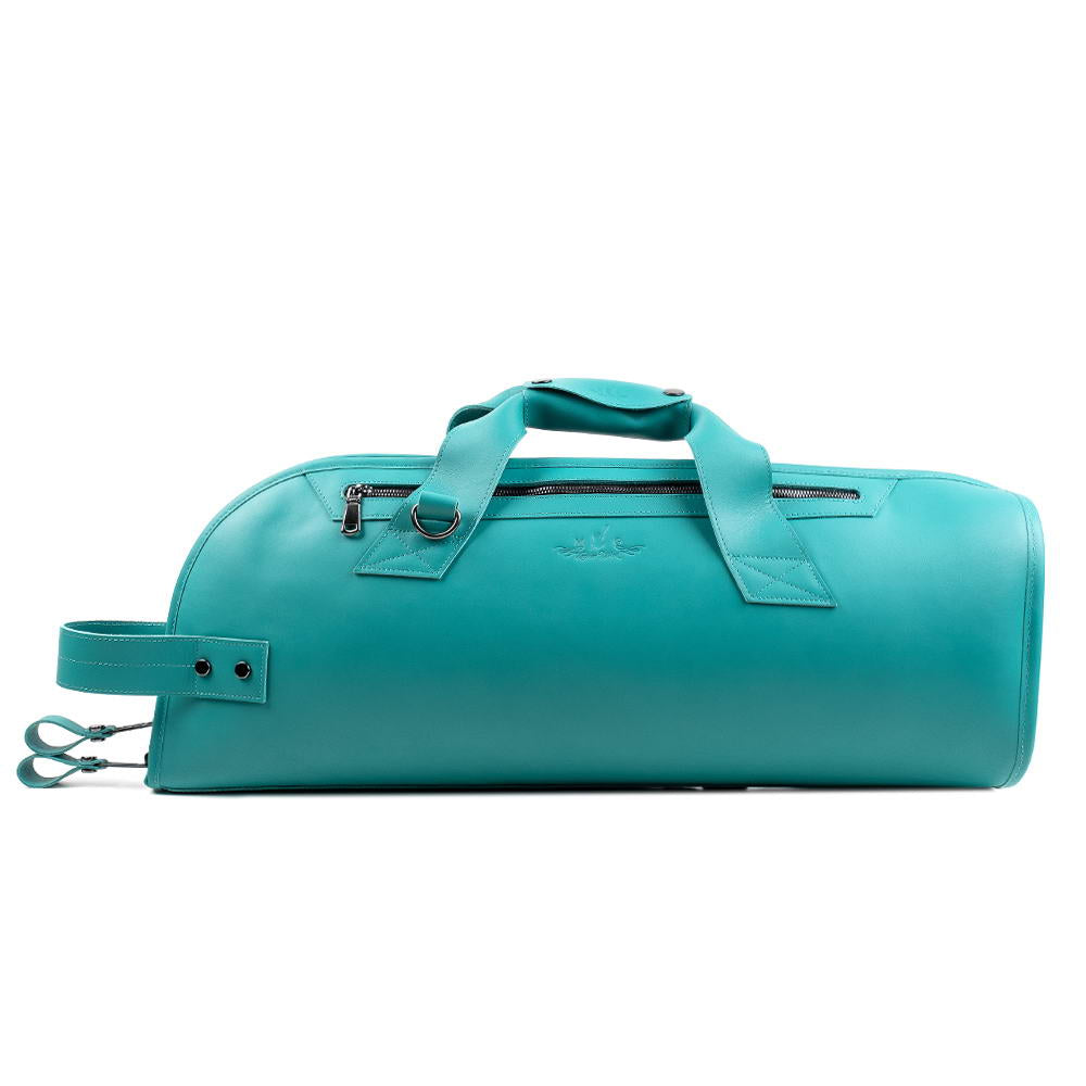 Flat side view of Tiffany Crazy Horse leather trumpet gig bag with secure zipper pocket and double handles