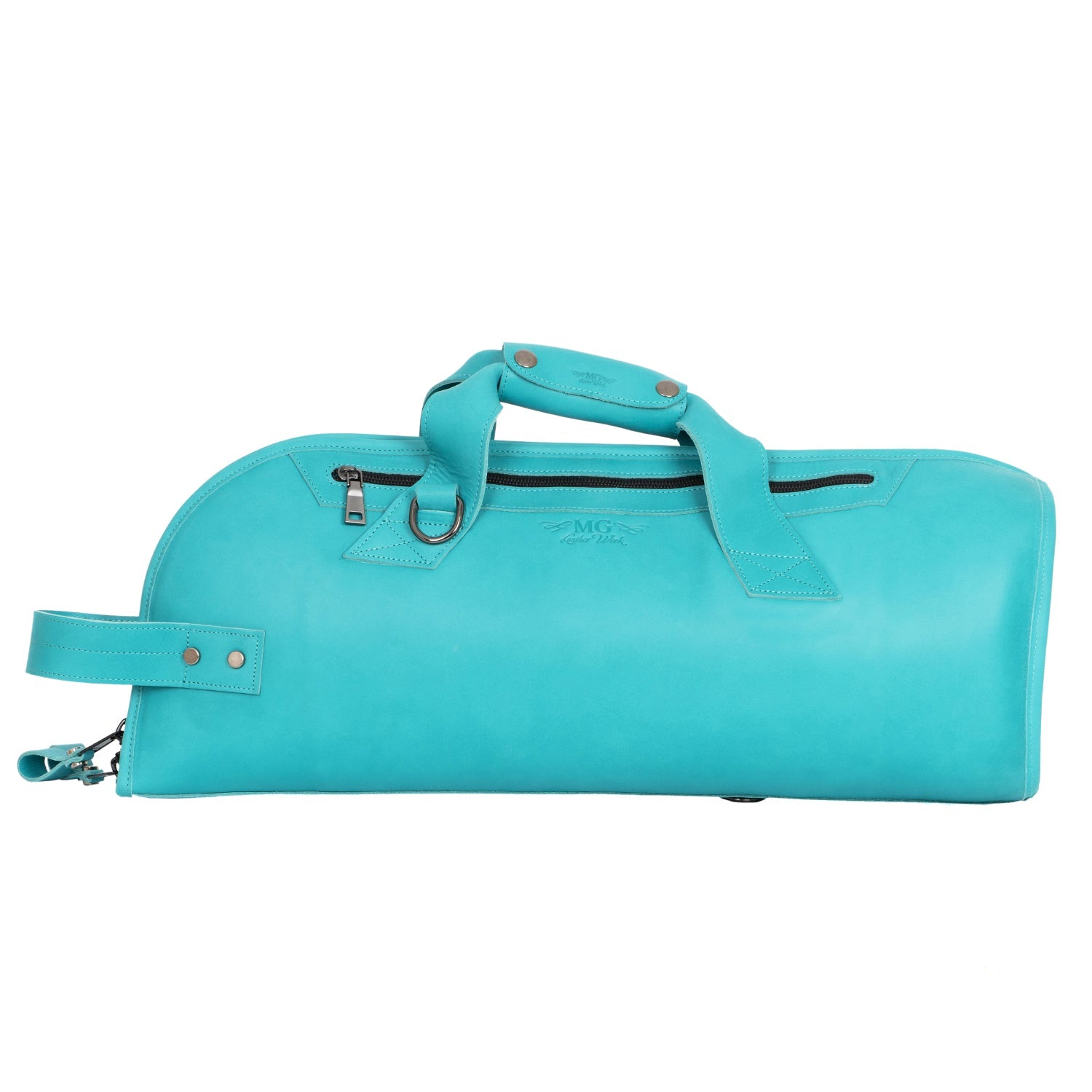 Flat side view of Tiffany Crazy Horse leather trumpet gig bag with secure zipper pocket and double handles