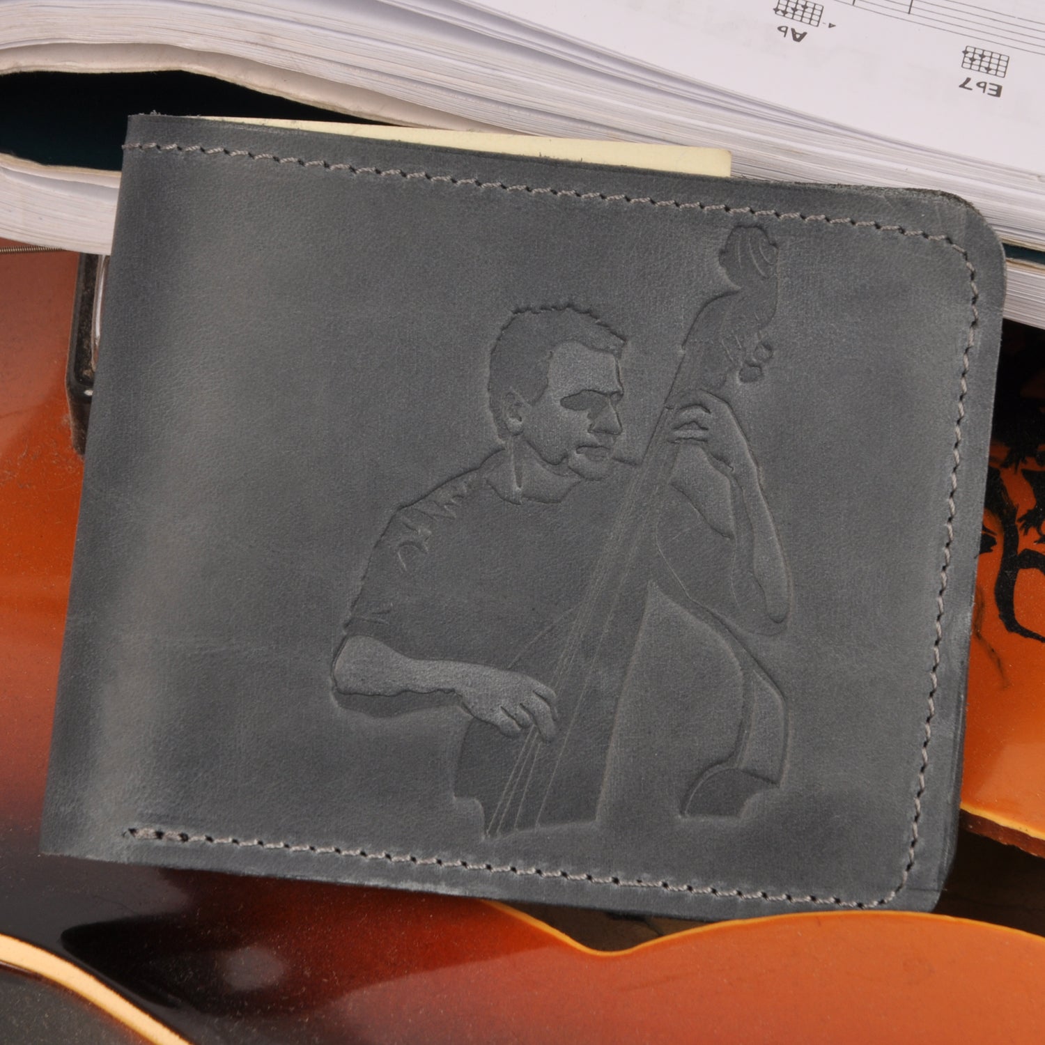 Wallet with a Print of a Jazz Player on a Double Bass MG Leather Work