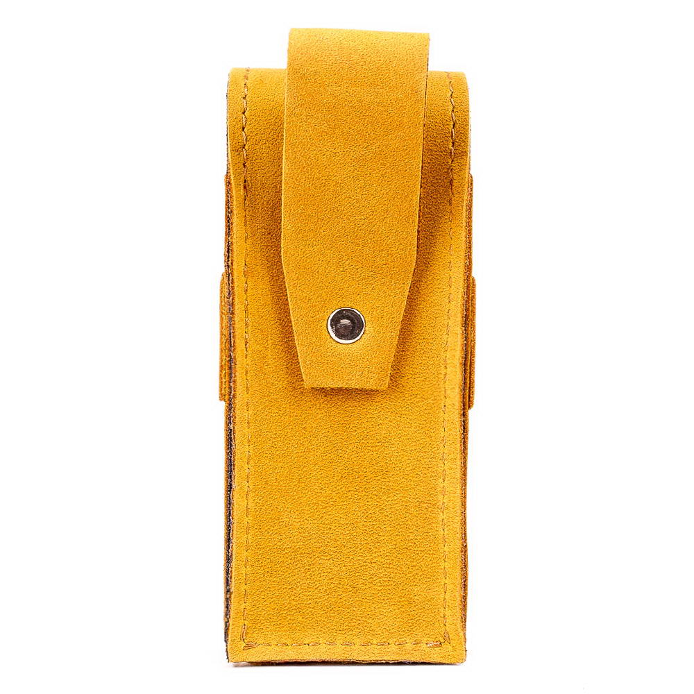 Back view of yellow harmonica leather case showing belt loop.