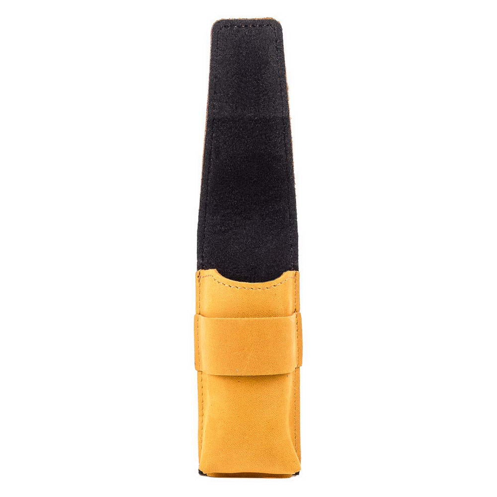 Side perspective of yellow harmonica holder with flap open.