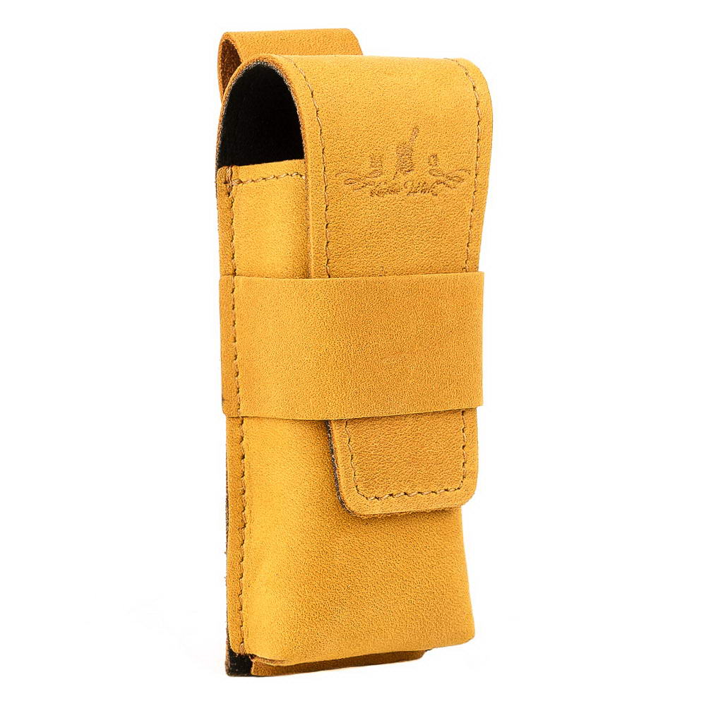 Angled front view of yellow leather harmonica holster with snap clasp.
