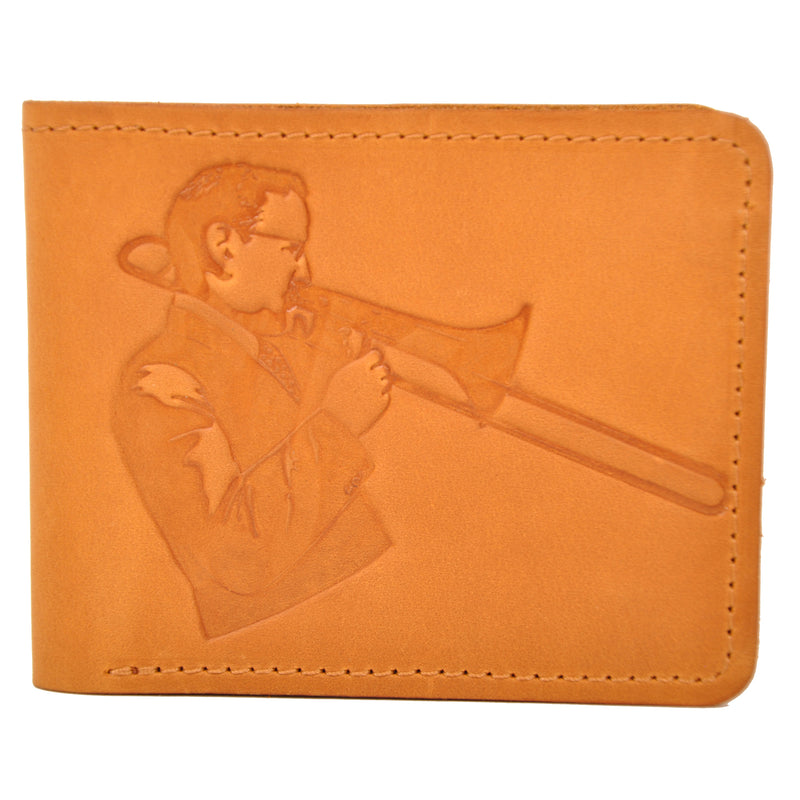 Wallet with a print of a musician playing on the trombone