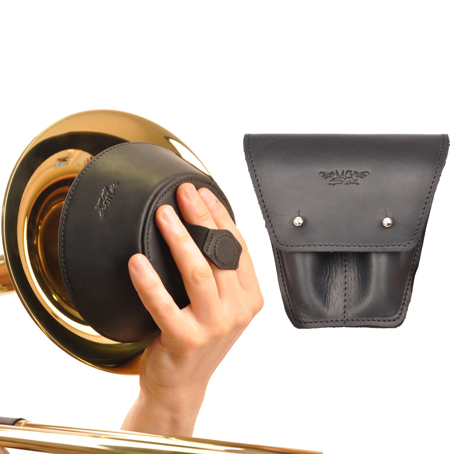 Set 2 in 1 Trombone Leather Magnetic Mute and Double Mouthpiece Pouch